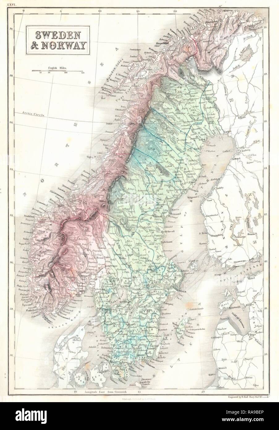 1851, Nero Mappa della Norvegia e della Svezia, in Scandinavia. Reinventato da Gibon. Arte Classica con un tocco di moderno reinventato Foto Stock