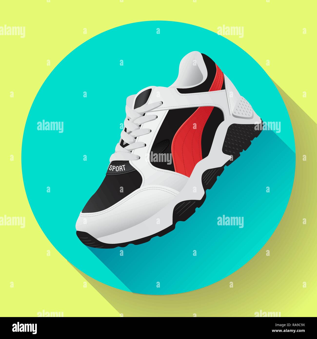 Fitness scarpe da ginnastica per la formazione running shoe design piatto con lunga ombra Illustrazione Vettoriale