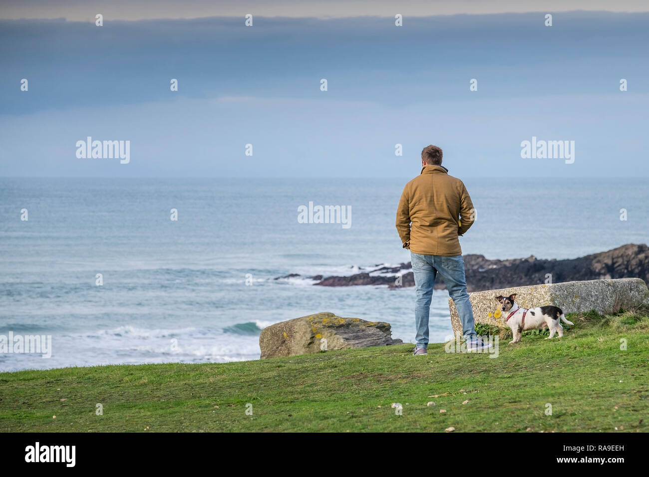 Un uomo in piedi con il suo Jack Russell Terrier sulla costa che guarda al mare. Foto Stock
