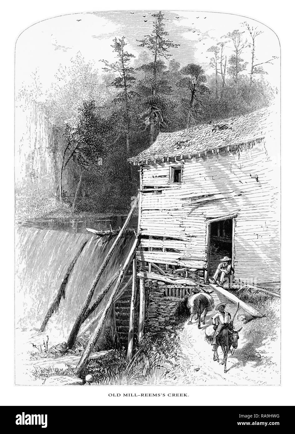 Vecchio Mulino su Reems Creek, Francese ampio fiume, North Carolina, Stati Uniti, American incisione Vittoriano, 1872 Foto Stock