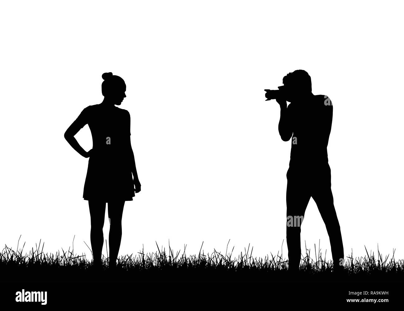 Silhouette realistica di un maschio professionale fotografo fotografare un modello di donna in un abito di erba - vettore Illustrazione Vettoriale