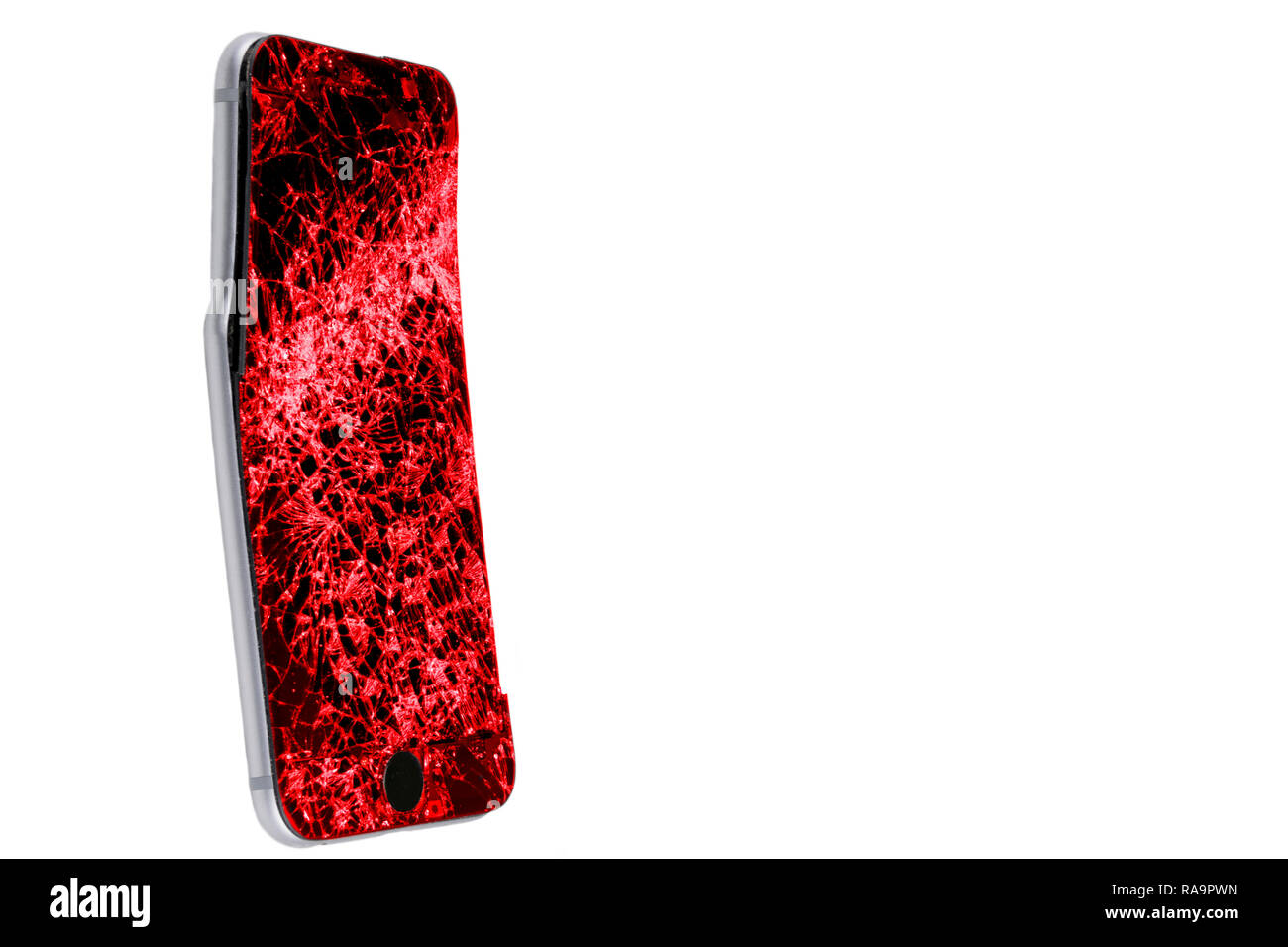 Moderno mobile smartphone schermo rotto e danni. Il cellulare si è rotto e zero. Dispositivo distrutti. Smash gadget, necessitano di una riparazione. Foto Stock