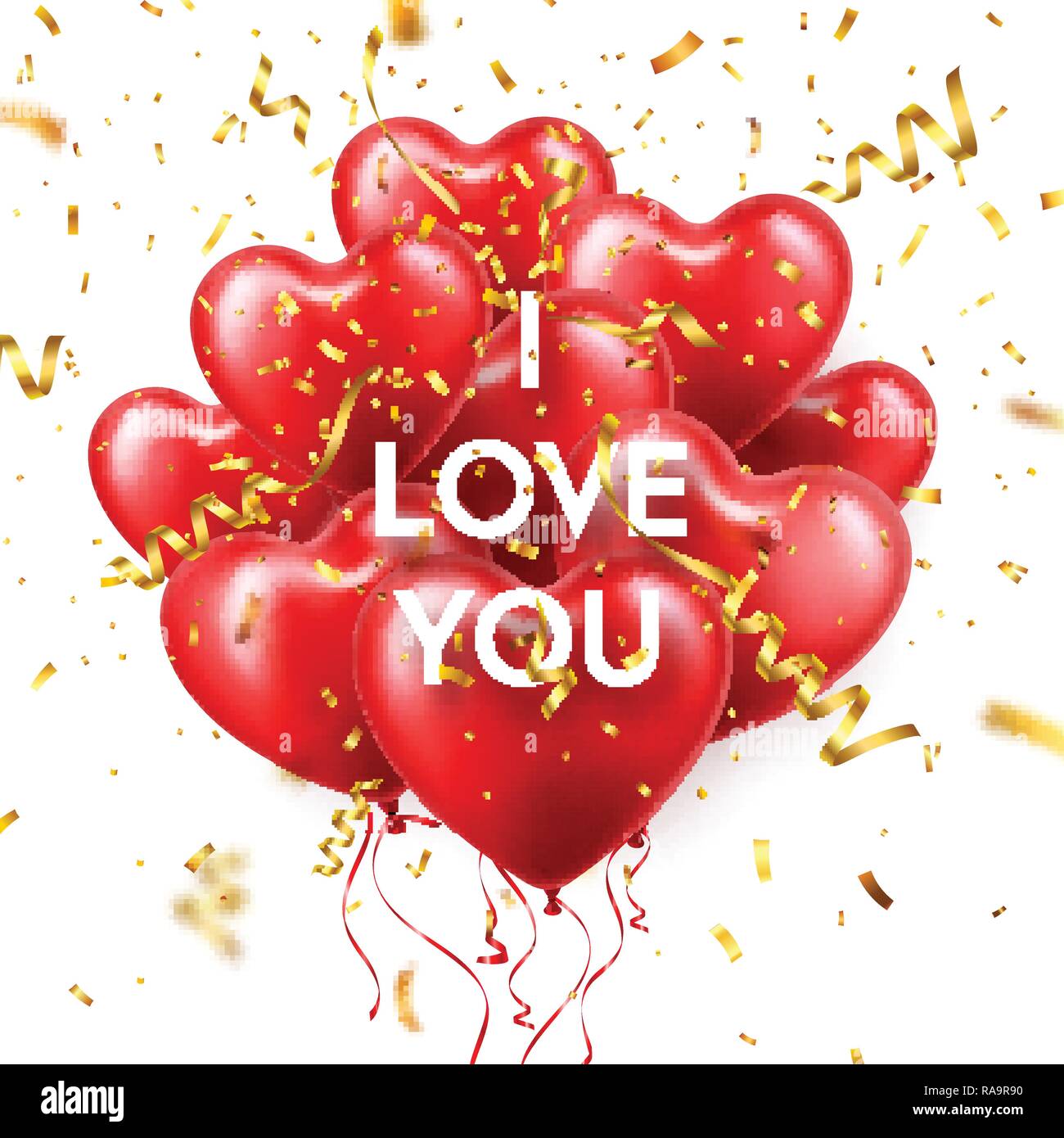 Il giorno di San Valentino lo sfondo con il cuore rosso palloncini e Golden coriandoli. Matrimonio romantico amore bigliettino. Febbraio 14. Illustrazione Vettoriale