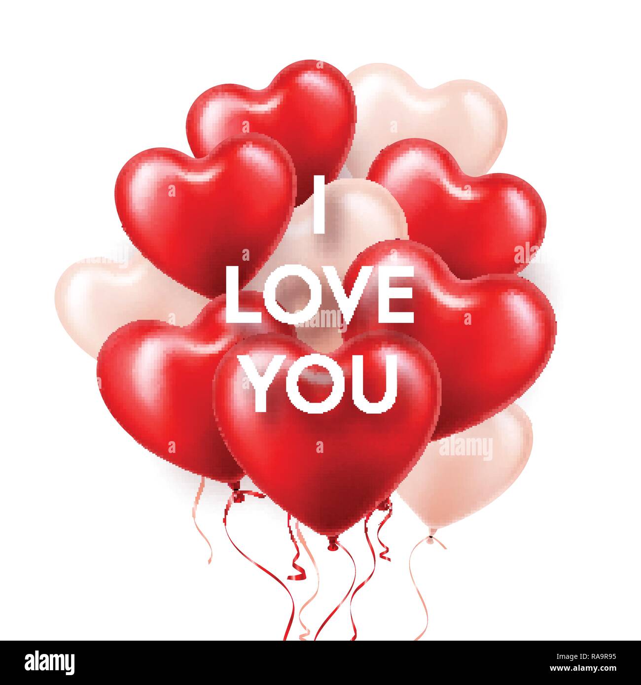 Il giorno di San Valentino con sfondo bianco rosso cuore palloncini. Matrimonio romantico amore bigliettino. Febbraio 14. Illustrazione Vettoriale