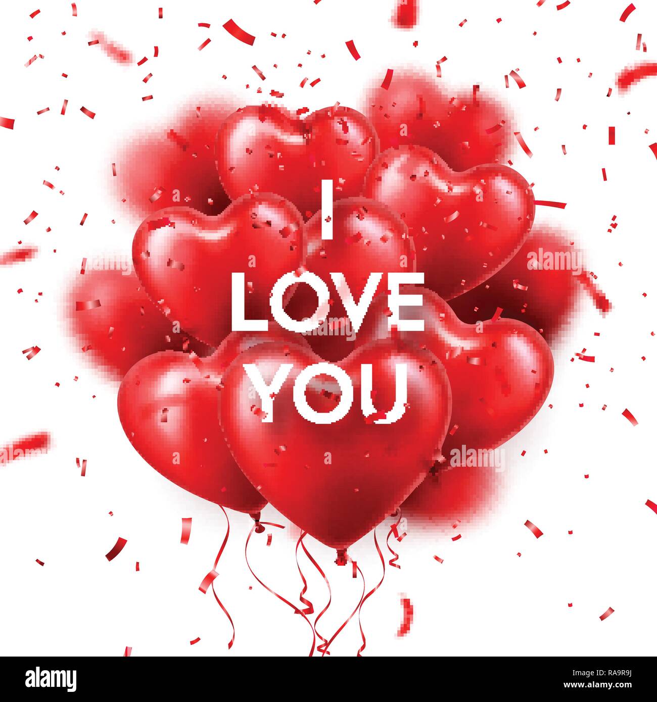 Il giorno di San Valentino lo sfondo con il cuore rosso palloncini e coriandoli. Matrimonio romantico amore bigliettino. Febbraio 14. Illustrazione Vettoriale