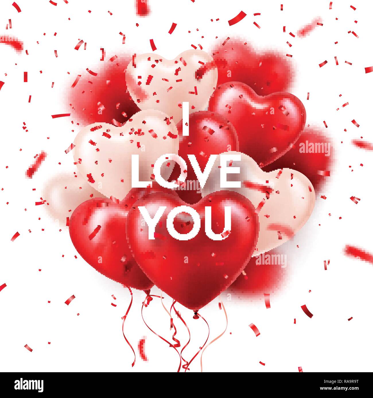 Il giorno di San Valentino con sfondo bianco rosso cuore palloncini e coriandoli. Matrimonio romantico amore bigliettino. Febbraio 14. Illustrazione Vettoriale
