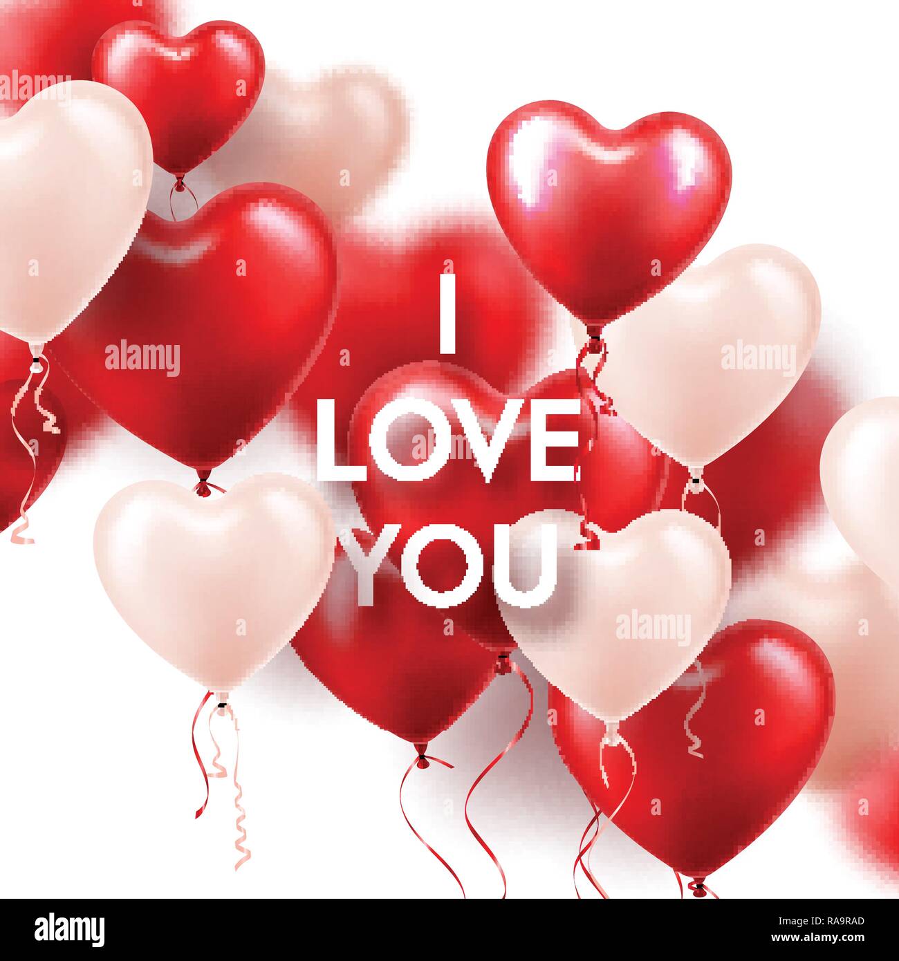 Il giorno di San Valentino con sfondo bianco rosso cuore palloncini. Matrimonio romantico amore bigliettino. Febbraio 14. Illustrazione Vettoriale