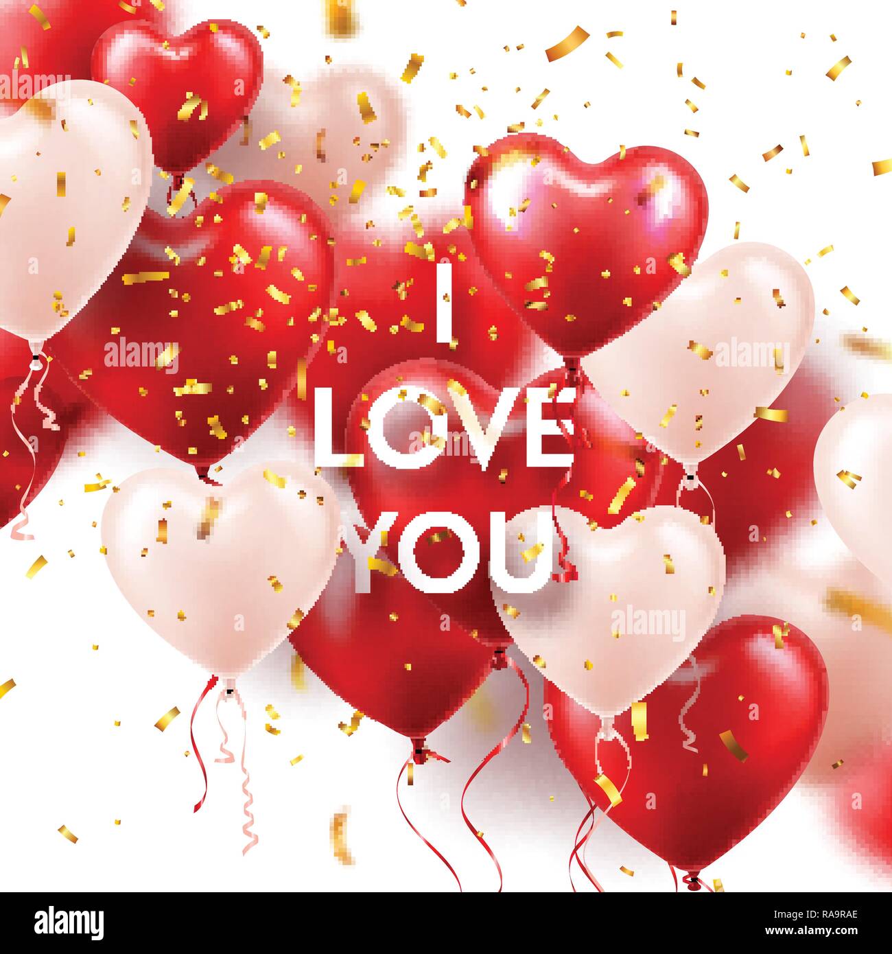 Il giorno di San Valentino con sfondo bianco rosso cuore palloncini e Golden coriandoli. Matrimonio romantico amore bigliettino. Febbraio 14. Illustrazione Vettoriale