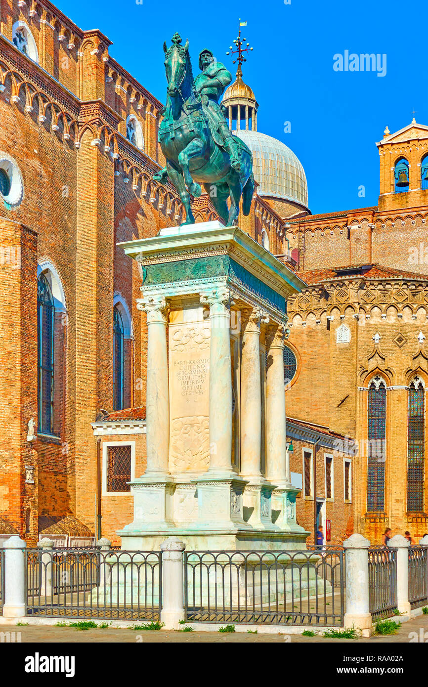 La statua equestre di Bartolomeo Colleoni di Andrea del Verrocchio (1488) a Venezia, Italia Foto Stock