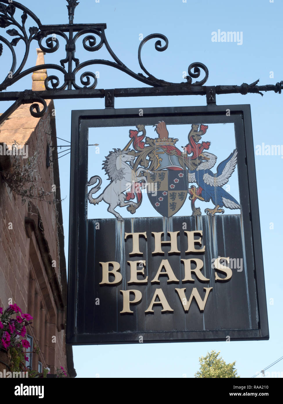 Hanging pub segno per il Bears Paw public house, Main Street, Frodsham, Cheshire, Inghilterra, Regno Unito Foto Stock