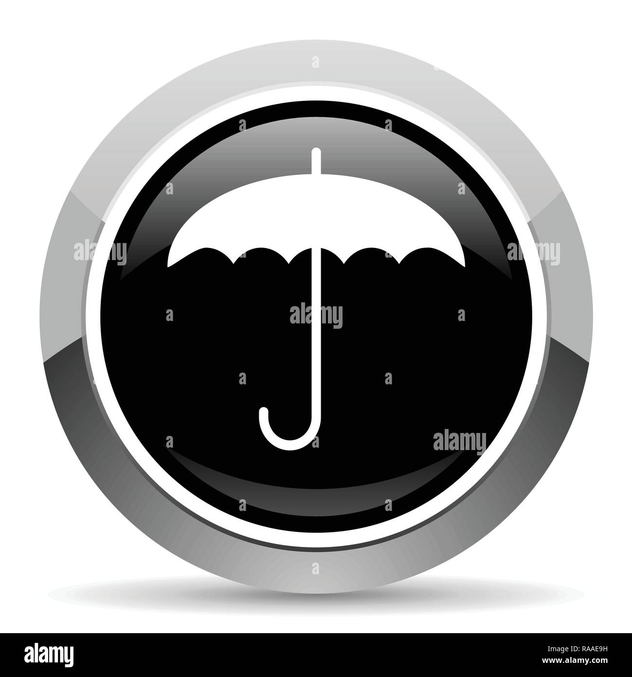 Ombrello vettore icona di acciaio. Bordo cromato rotondo pulsante web. Argento pulsante metallico. Illustrazione Vettoriale