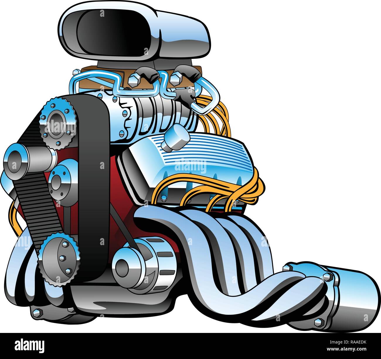 Hot Rod race car motore cartoon, lotti di Chrome, enorme aspirazione grasso, tubi di scarico, illustrazione vettoriale Illustrazione Vettoriale