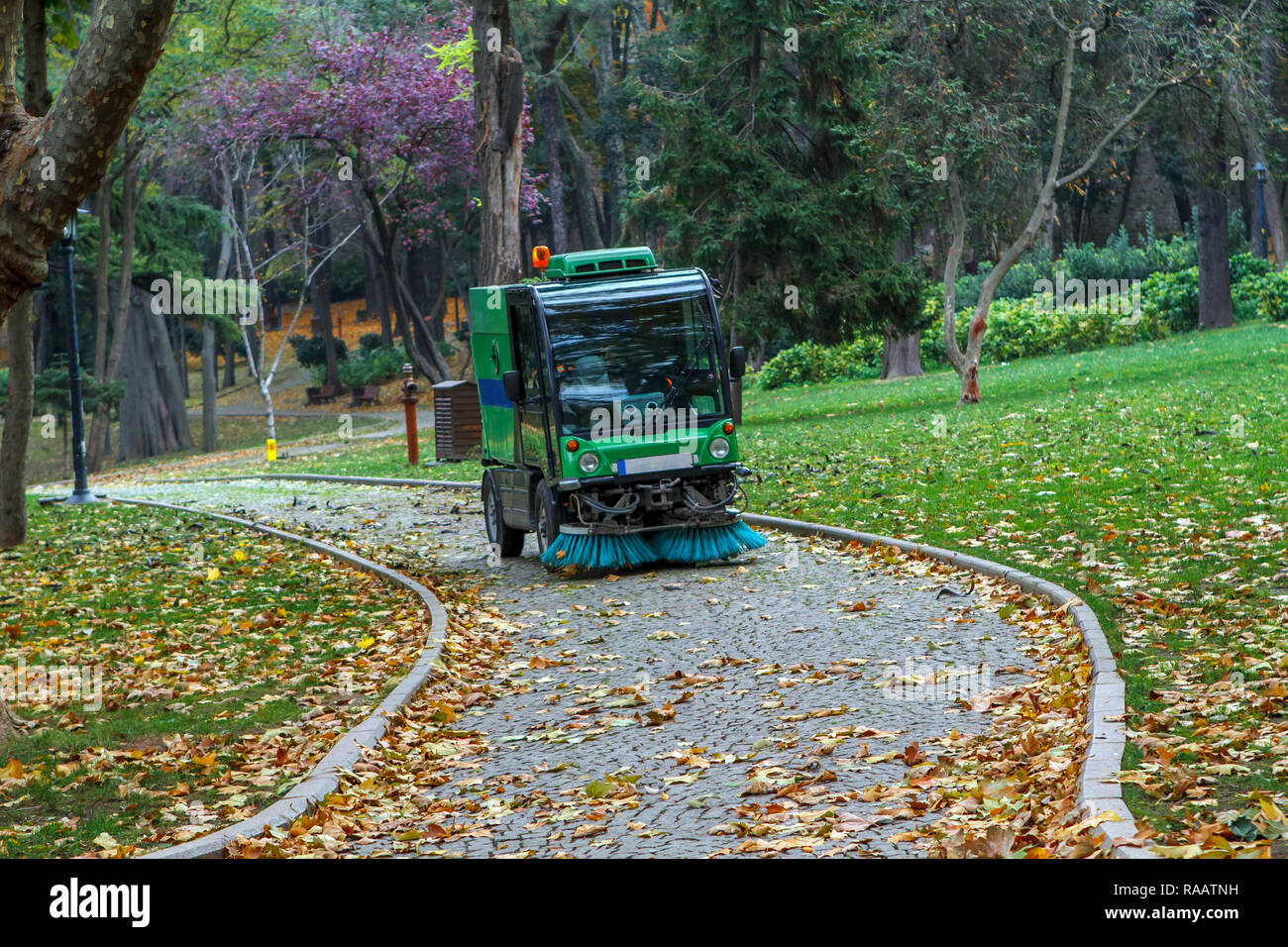 Spazzatrice rimuovere foglie in pubblico Gulhane Park, Istanbul Foto Stock
