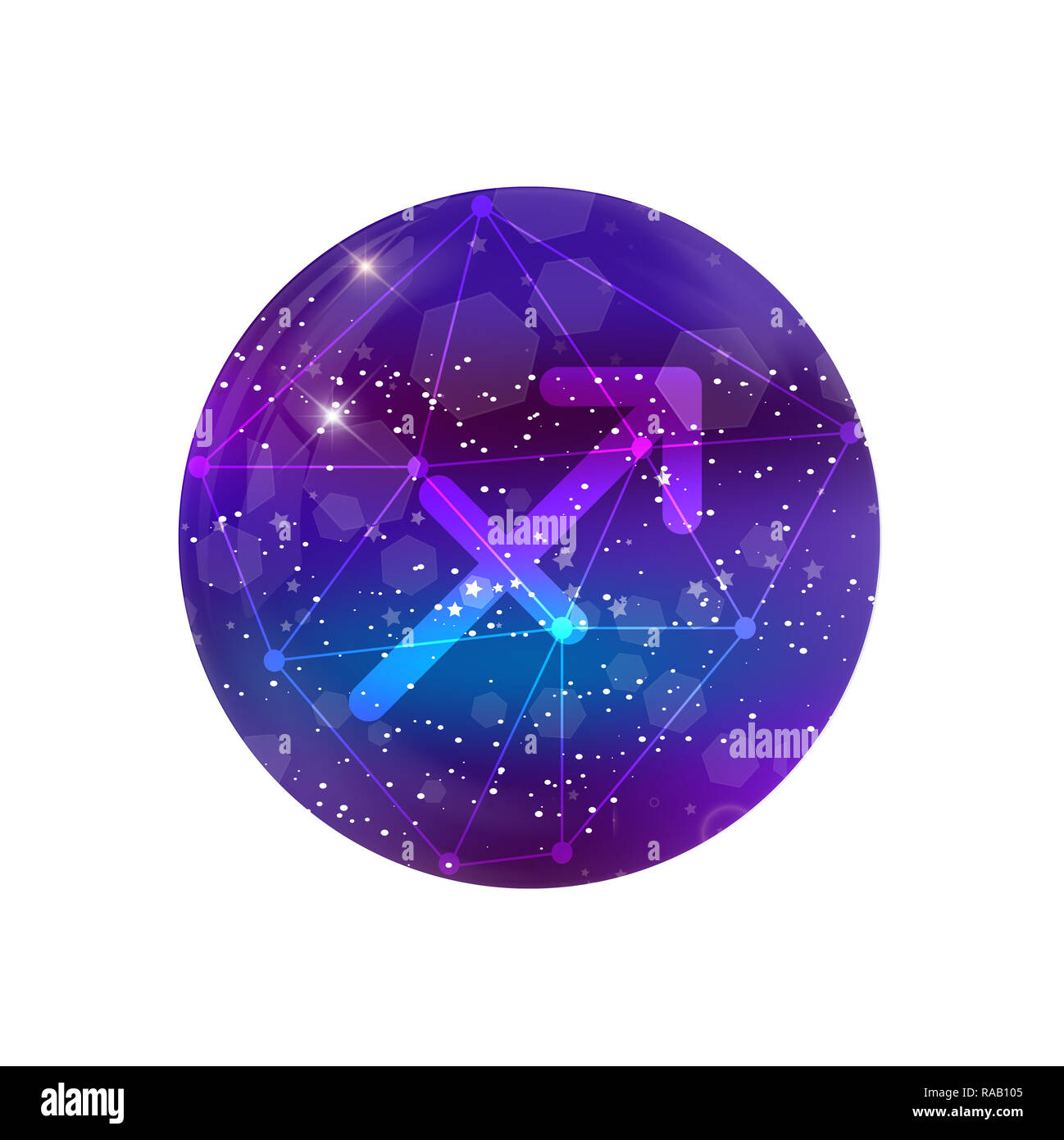 Sagittario segno zodiacale e costellazione sul cosmica cielo viola con stelle luccicanti e nebula isolati su sfondo bianco. icona al neon, pulsante WEB, cl Foto Stock