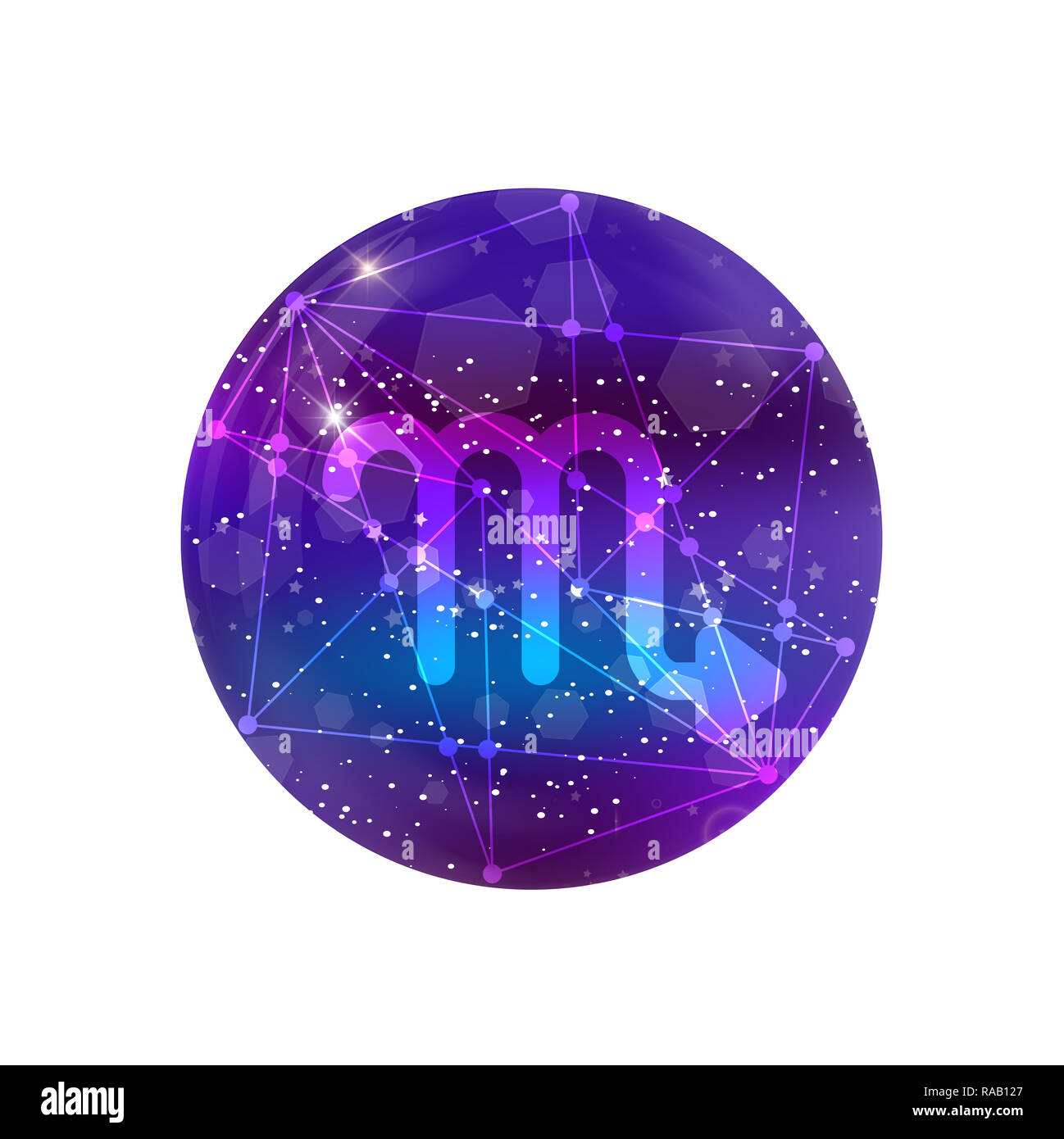 Scorpione segno zodiacale e costellazione sul cosmica cielo viola con stelle luccicanti e nebula isolati su sfondo bianco. icona al neon, pulsante WEB, un clip Foto Stock