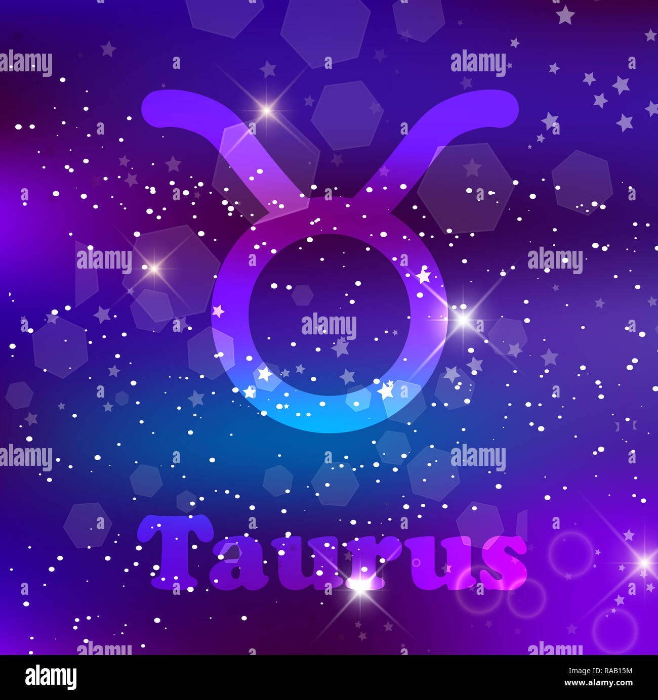 Toro segno zodiacale e costellazione sul cosmica sfondo viola con stelle luccicanti e nebulosa. illustrazione, banner, poster, bull card. Spazio, come Foto Stock