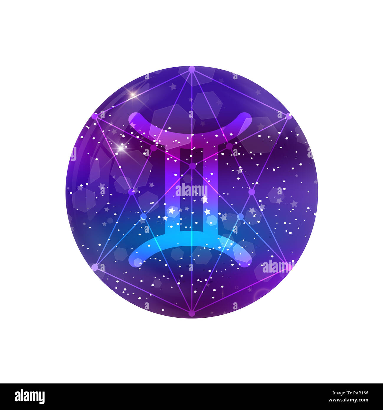 Gemini segno zodiacale e costellazione sul cosmica cielo viola con stelle luccicanti e nebula isolato su sfondo trasparente. icona al neon, pulsante WEB, c Foto Stock