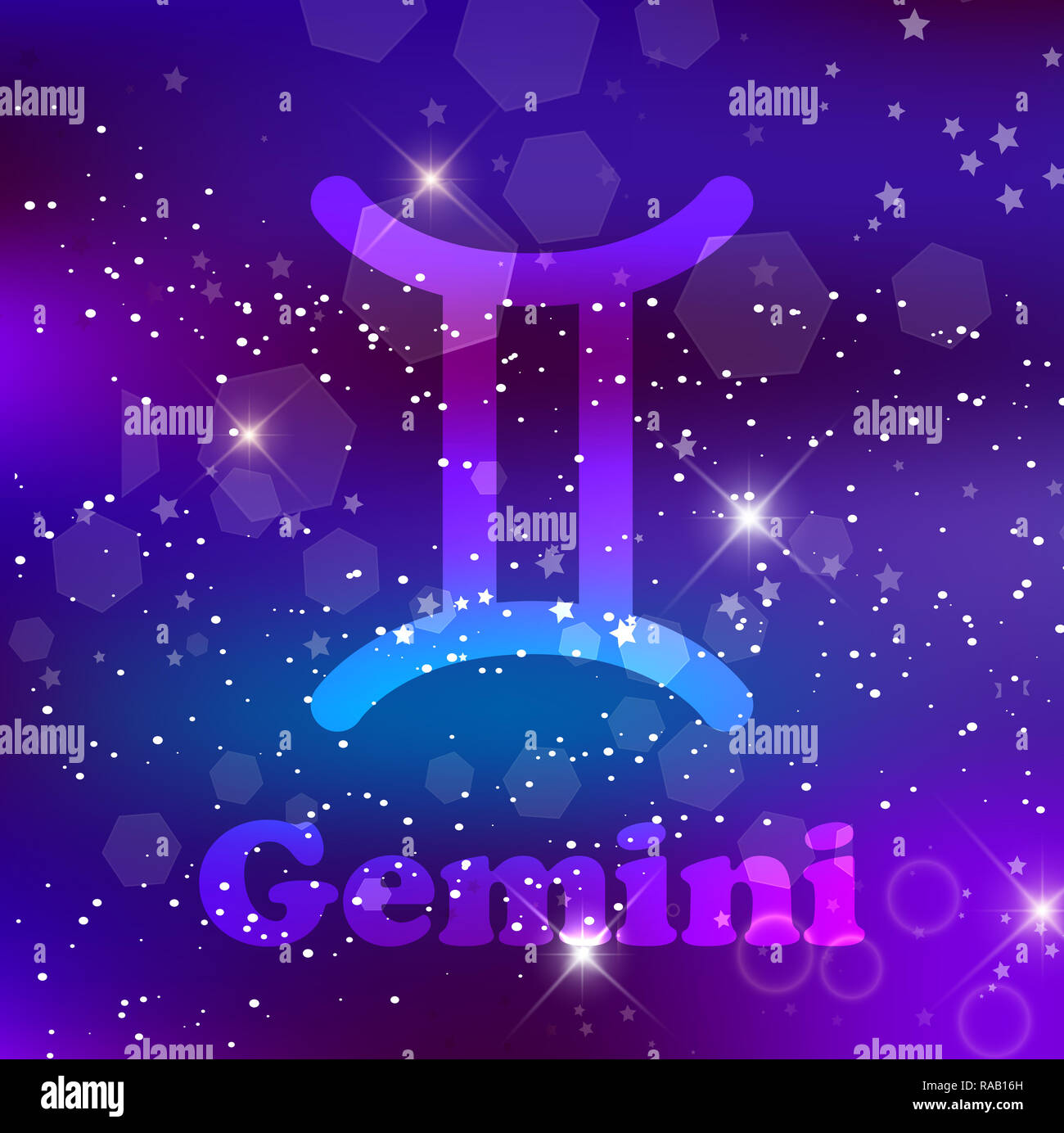 Gemini segno zodiacale e costellazione sul cosmica sfondo viola con stelle luccicanti e nebulosa. illustrazione, banner, poster, gemelli card. Spazio, AST Foto Stock