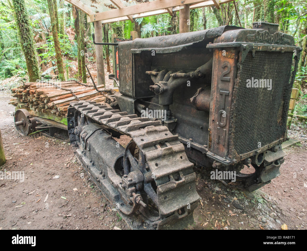 Catapillar storico 2 ton trattore cingolato tirando konaki slitta con carico di recinzione totara correntini, Pureora Forest Park, Distretto di Taupo, Nuova Zelanda Foto Stock