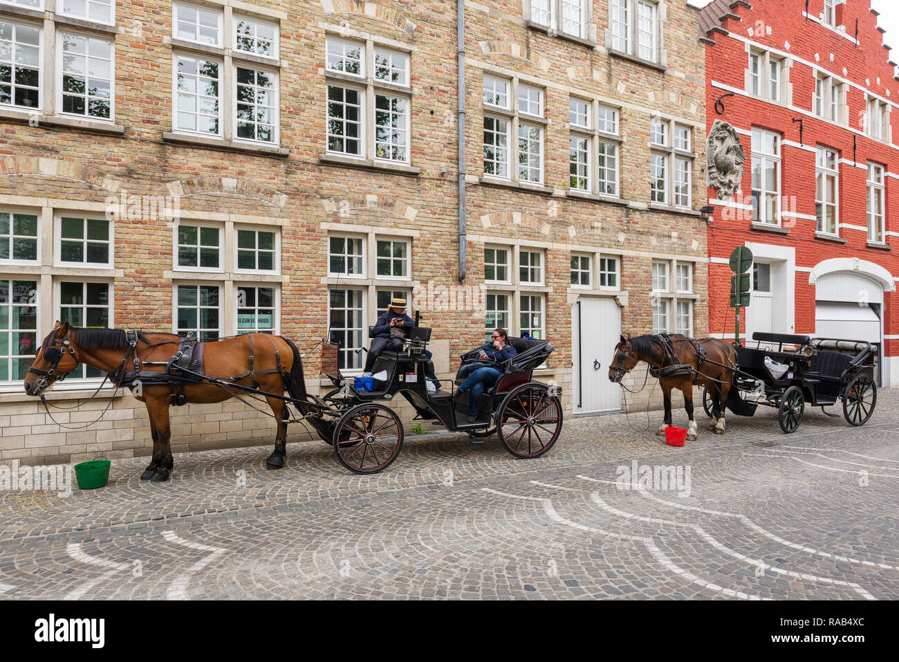 Carrozza e cavalli in appoggio su una strada a Bruges, Belgio Foto Stock