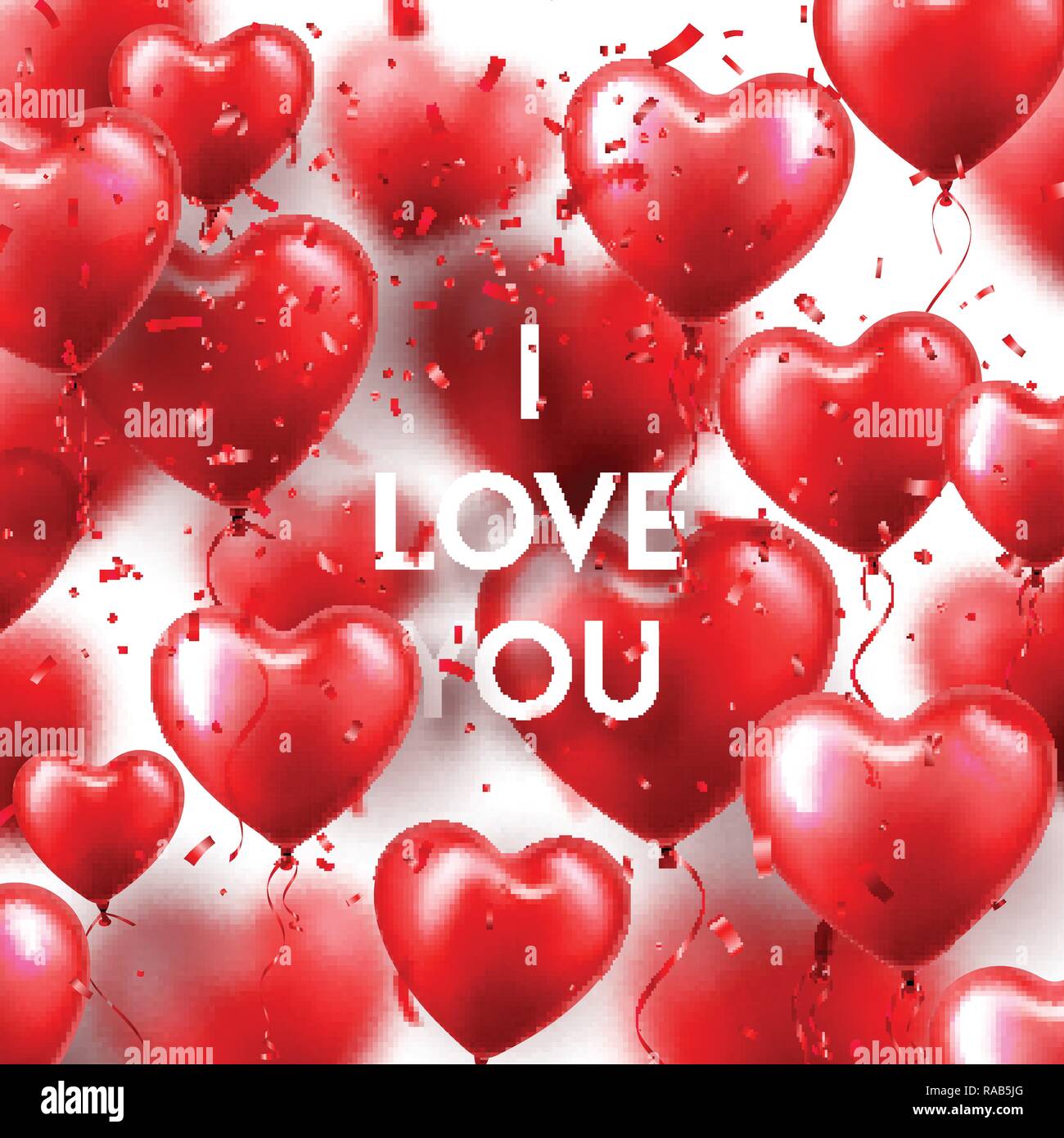 Il giorno di San Valentino lo sfondo con il cuore rosso palloncini e coriandoli. Matrimonio romantico amore bigliettino. Febbraio 14. Illustrazione Vettoriale