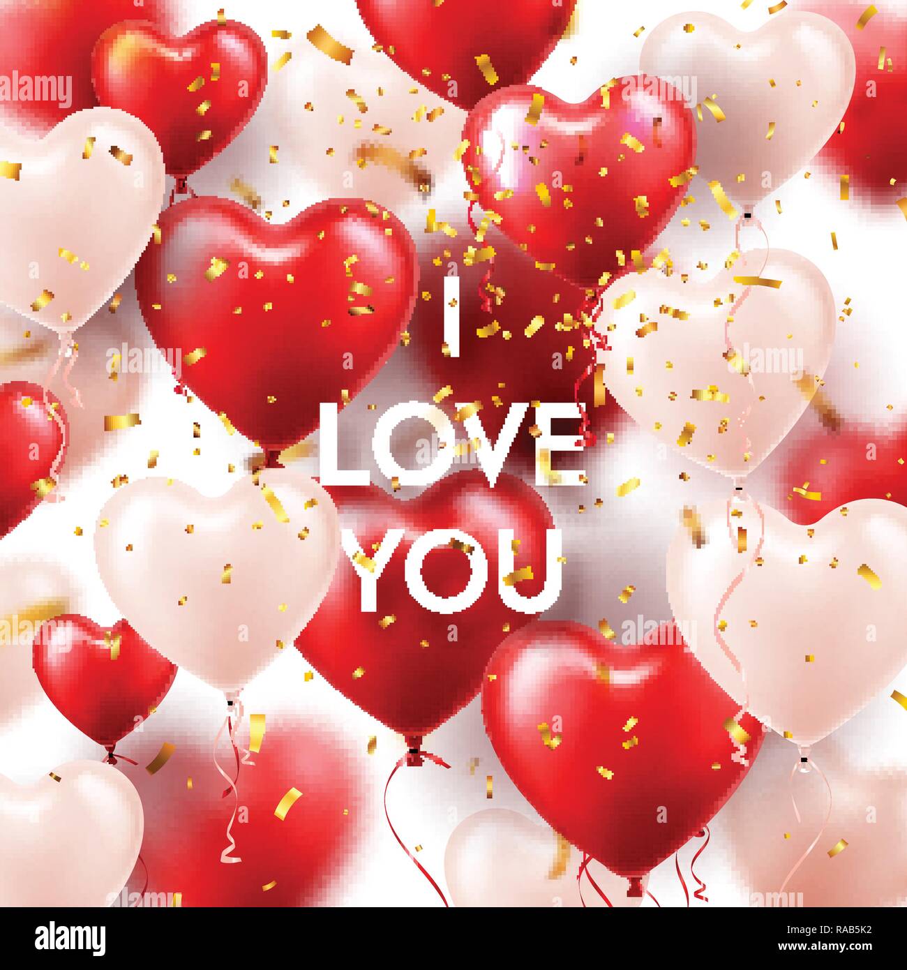 Il giorno di San Valentino con sfondo bianco rosso cuore palloncini e Golden coriandoli. Matrimonio romantico amore bigliettino. Febbraio 14. Illustrazione Vettoriale