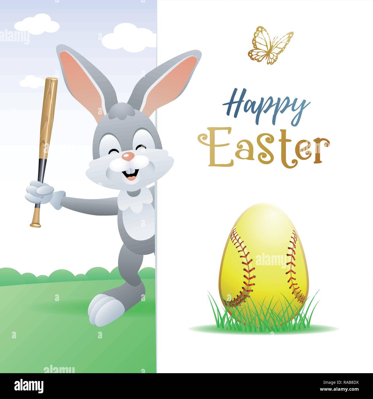 Felice Pasqua. Sport biglietto di auguri. Simpatico coniglio con uovo di softball e bat. Illustrazione Vettoriale. Illustrazione Vettoriale