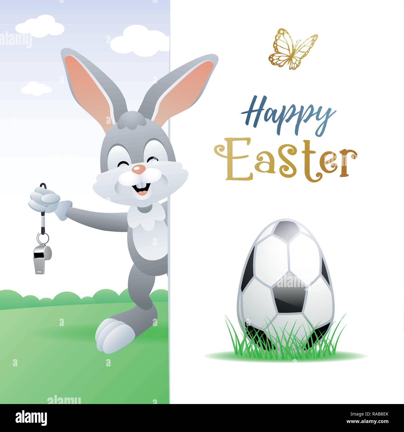 Felice Pasqua. Sport biglietto di auguri. Simpatico Coniglio di calcio con uovo e fischietto. Illustrazione Vettoriale. Illustrazione Vettoriale
