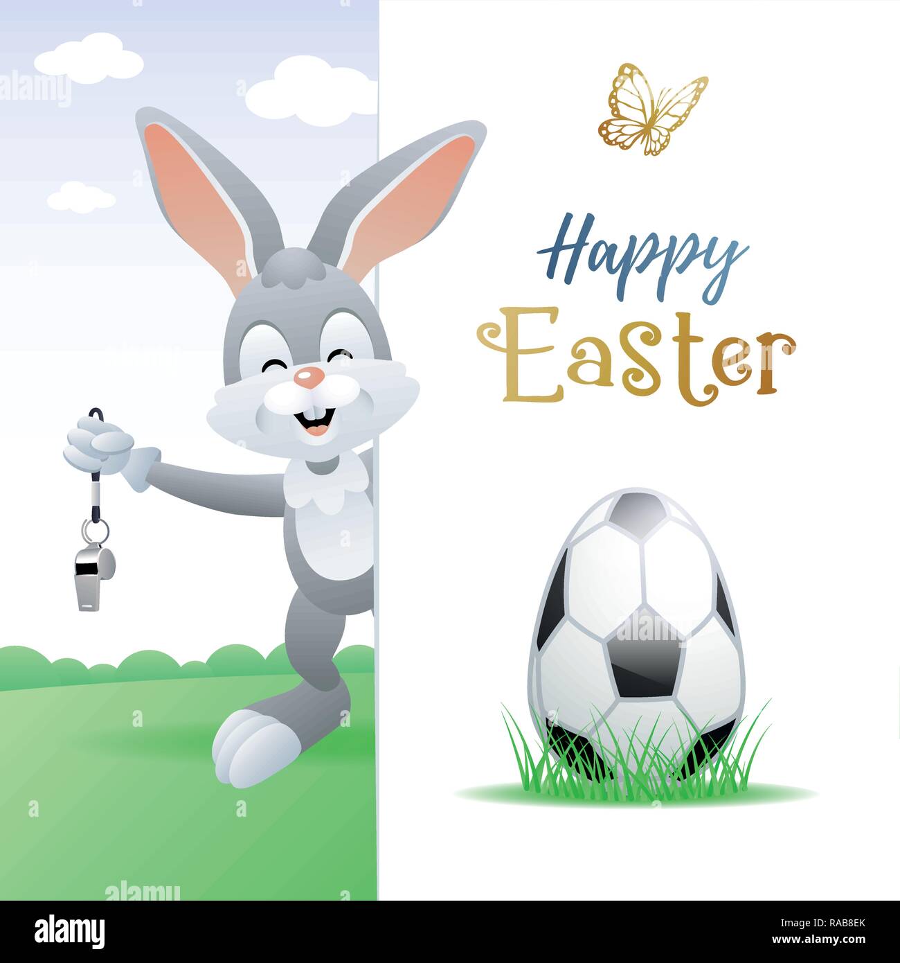 Felice Pasqua. Sport biglietto di auguri. Simpatico Coniglio di calcio con  uovo e fischietto. Illustrazione Vettoriale Immagine e Vettoriale - Alamy