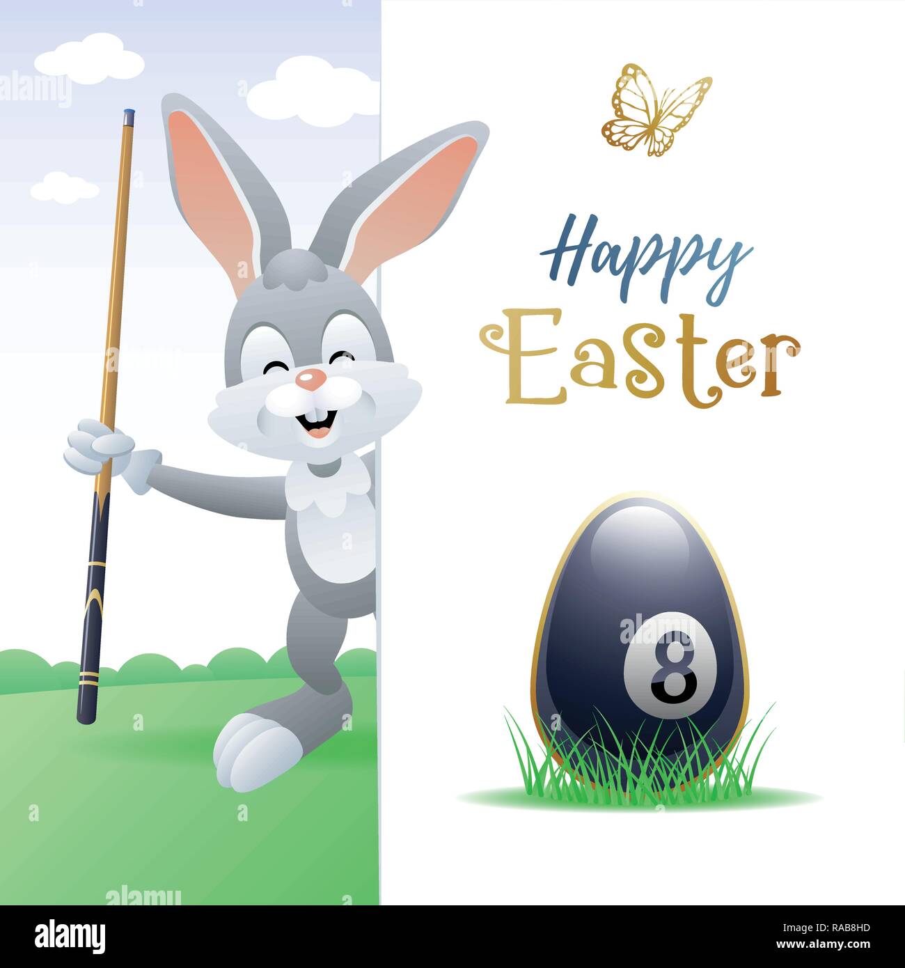 Felice Pasqua. Sport biglietto di auguri. Simpatico coniglio con uovo di biliardo e cue. Illustrazione Vettoriale. Illustrazione Vettoriale