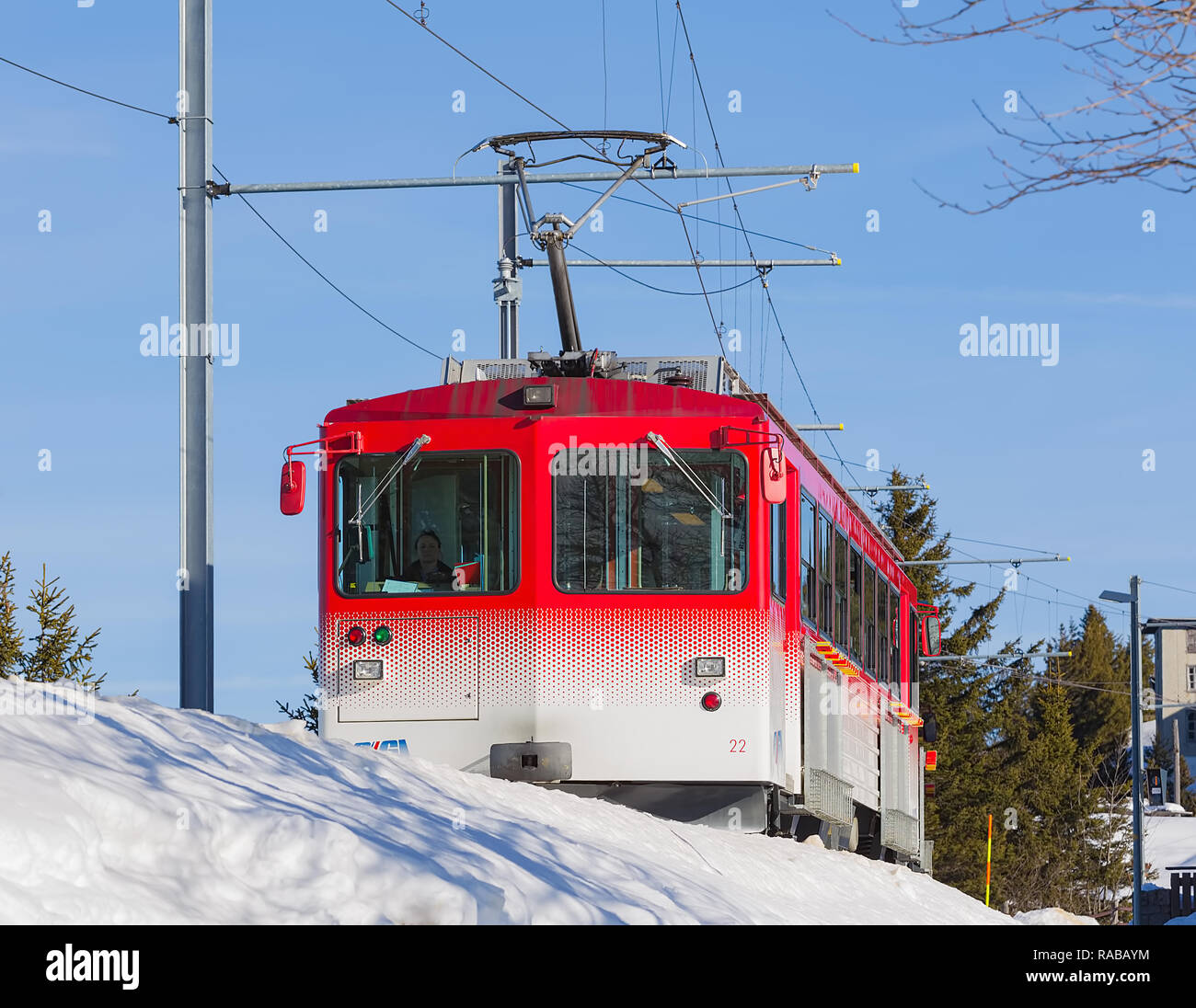 Mt. Rigi, Svizzera - 25 Gennaio 2016: un treno passeggeri su Mt. Rigi. Il Rigi è una meta turistica molto destiantion accessibile da una montagna railr rack Foto Stock