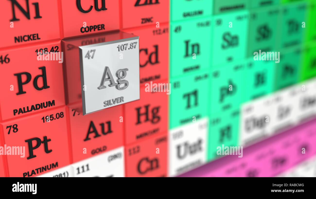 Tavola periodica concetto con cubi colorati. argento elemento selezionato. 3d illustrazione Foto Stock