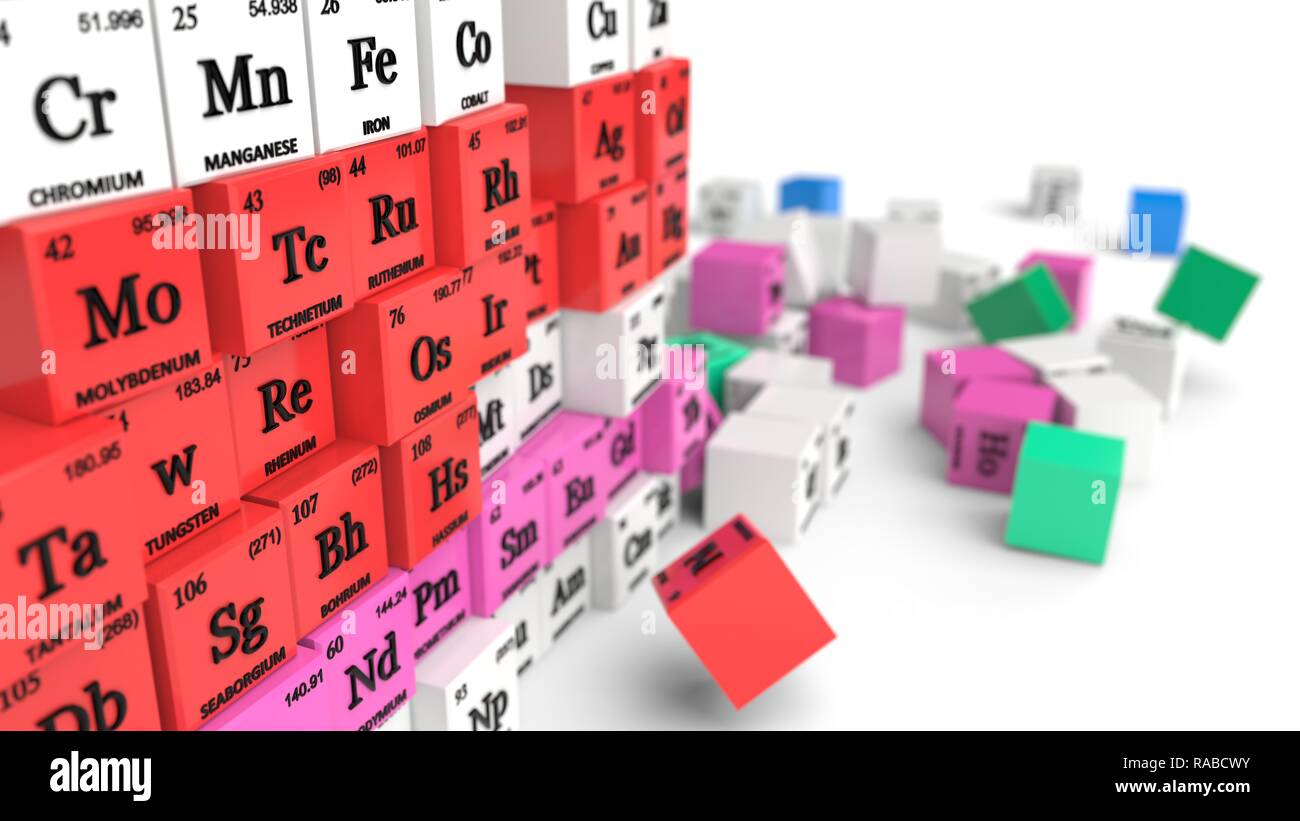 Tavola periodica concetto con cubetti di caduti. 3d illustrazione Foto Stock