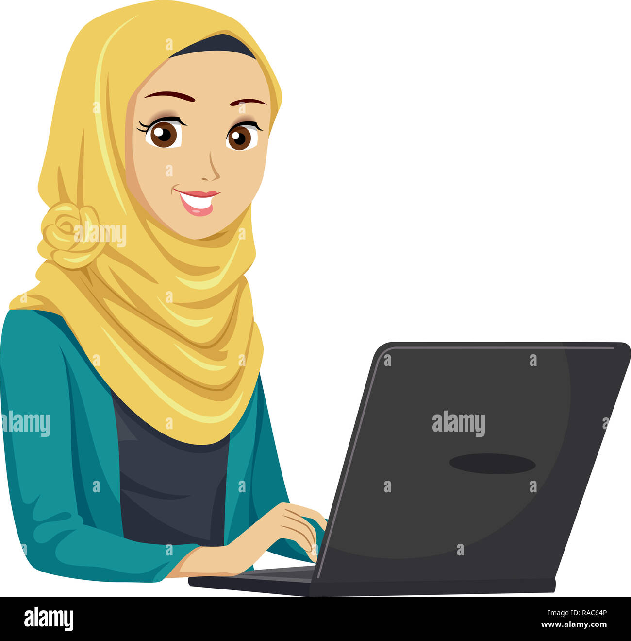 Illustrazione di un adolescente ragazza musulmana studente utilizzando un computer portatile Foto Stock