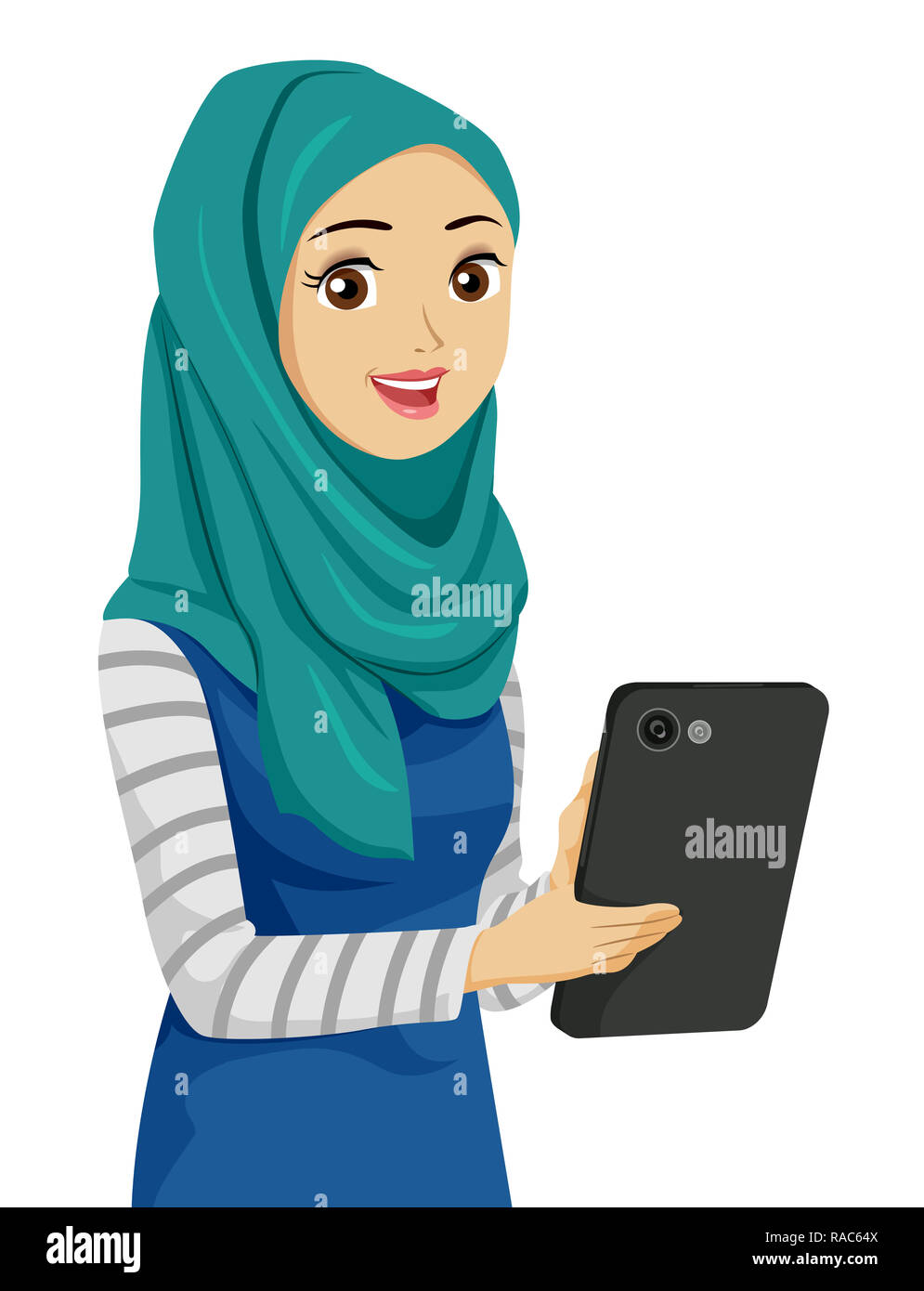 Illustrazione di un adolescente ragazza musulmane di indossare un hijab e utilizzando un computer tablet Foto Stock