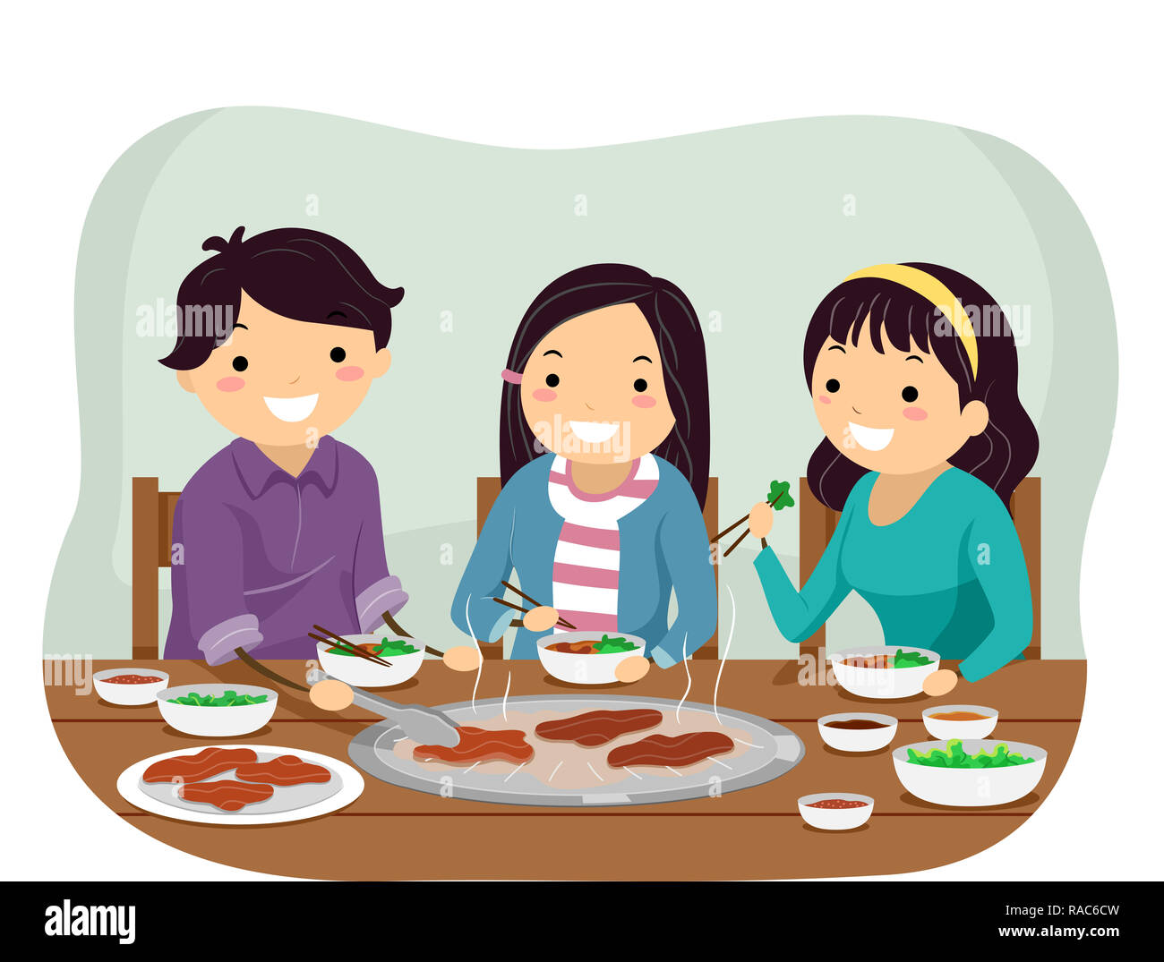 Illustrazione di Stickman ragazza adolescente e Guy mangiare carne alla griglia nel ristorante Foto Stock