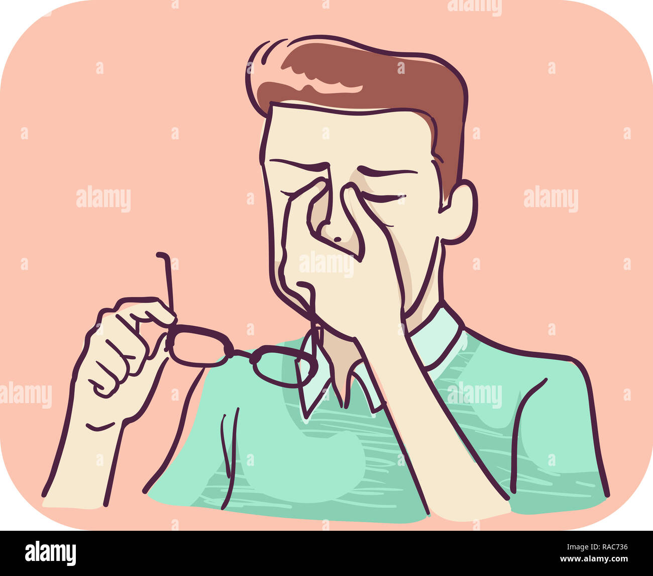 Illustrazione di un uomo massaggiando il Ponte del suo naso e occhiali di contenimento a causa di affaticamento della vista Foto Stock
