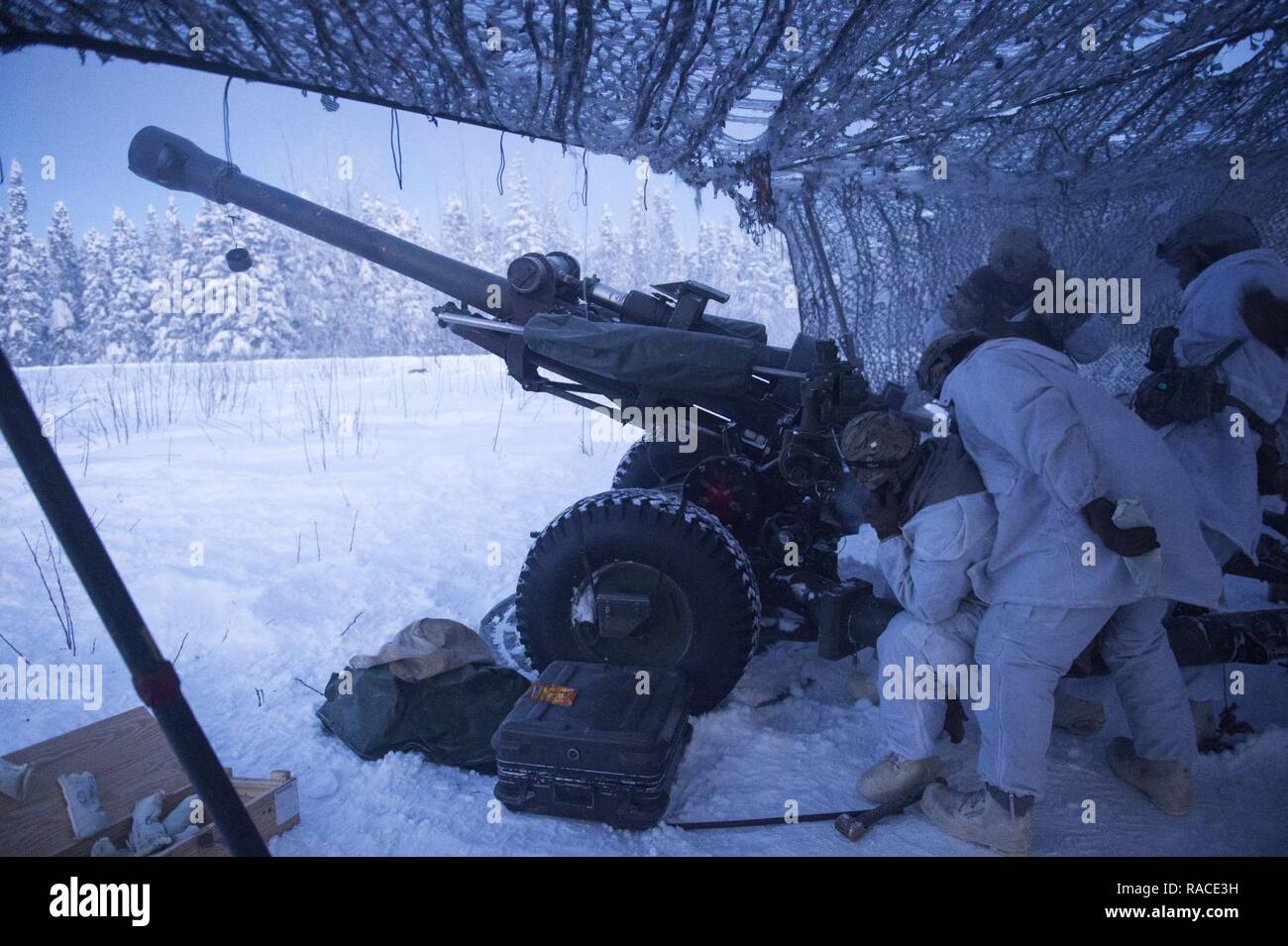 Paracadutisti assegnato alla batteria alfa, 2° Battaglione, 377 campo paracadute reggimento di artiglieria, quarta brigata di fanteria combattere Team (airborne), XXV divisione di fanteria, U.S. Esercito di Alaska, operare una M119A2 105mm obice durante il live di formazione antincendio a base comune Elmendorf-Richardson, Alaska, Gennaio 19, 2017. I paracadutisti hanno affinato le loro abilità di conduzione di fuoco vivo missioni in temperature sotto zero. I soldati del 4/24 IBCT appartengono al solo American airborne brigade nel Pacifico e sono addestrati per eseguire le manovre di volo in condizioni di freddo intenso/ambienti ad altitudini elevate a sostegno di combattimento, Foto Stock