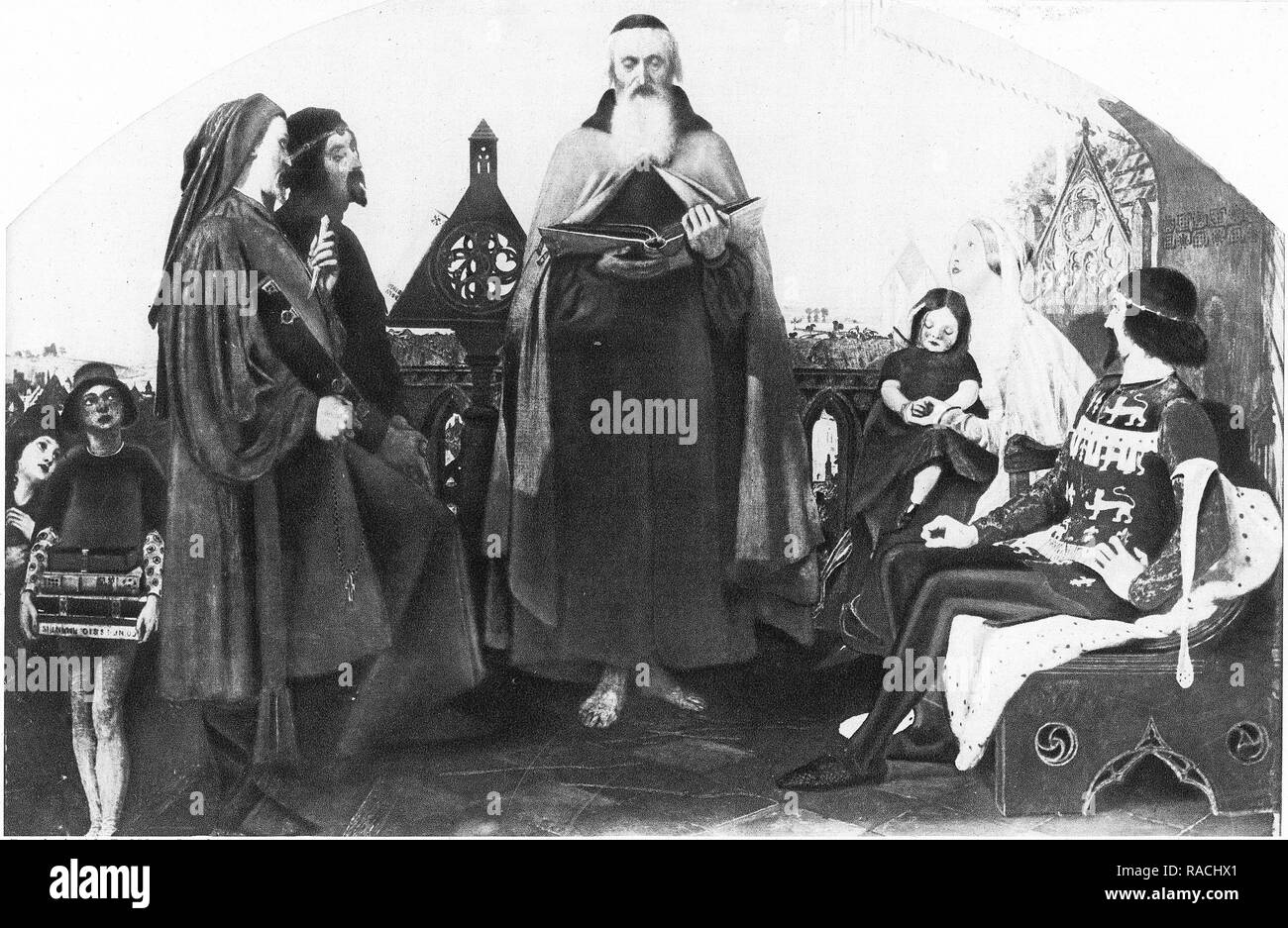 Traduttore della Bibbia e riformatore Giovanni Wycliffe Lettura dalla Bibbia per un pubblico di nobiltà. Foto Stock