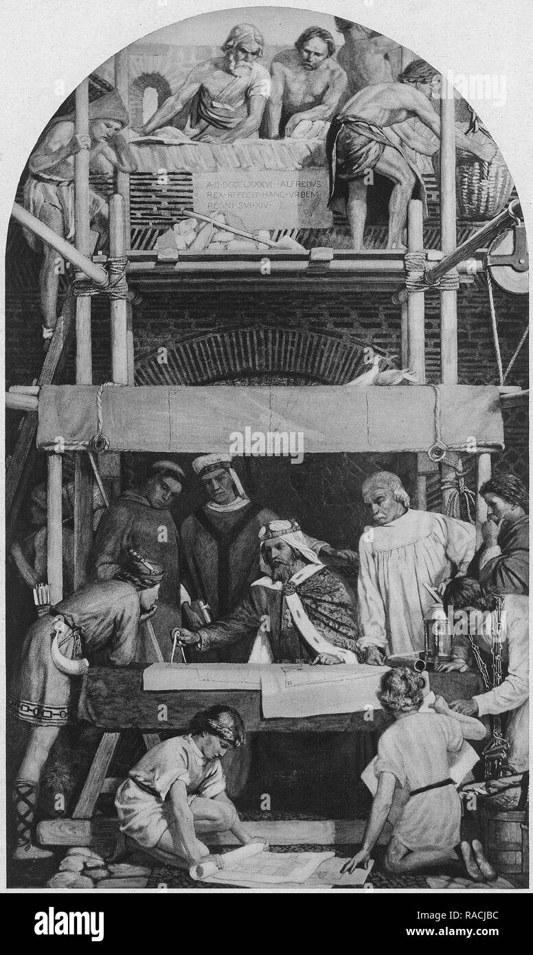 Re Alfredo il Grande di Inghilterra ricostruisce Londra dopo incursioni vichinghi danesi. Da un dipinto originale di H R Mineham. Foto Stock