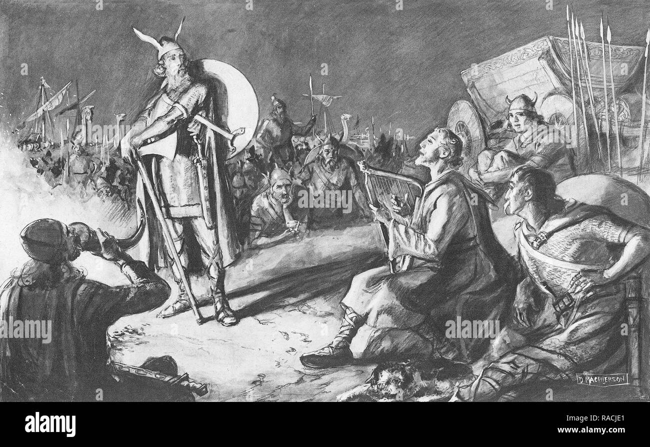 King Alfred intrattiene i suoi nemici danese come un menestrello mentre spiare le loro forze. Da un dipinto di D. MacPherson. Foto Stock
