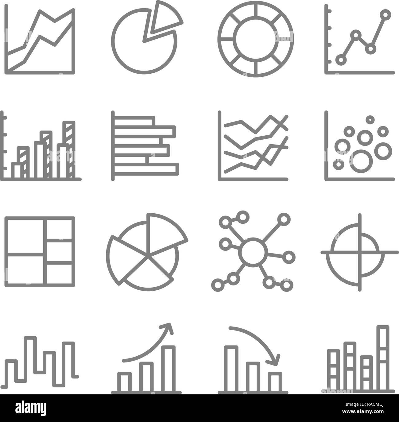 Grafici e diagrammi vettoriali Icona Linea Set. Contiene le icone come grafico a bolle, istogramma, grafico a torta, grafici a barre e più. Corsa estesa Illustrazione Vettoriale