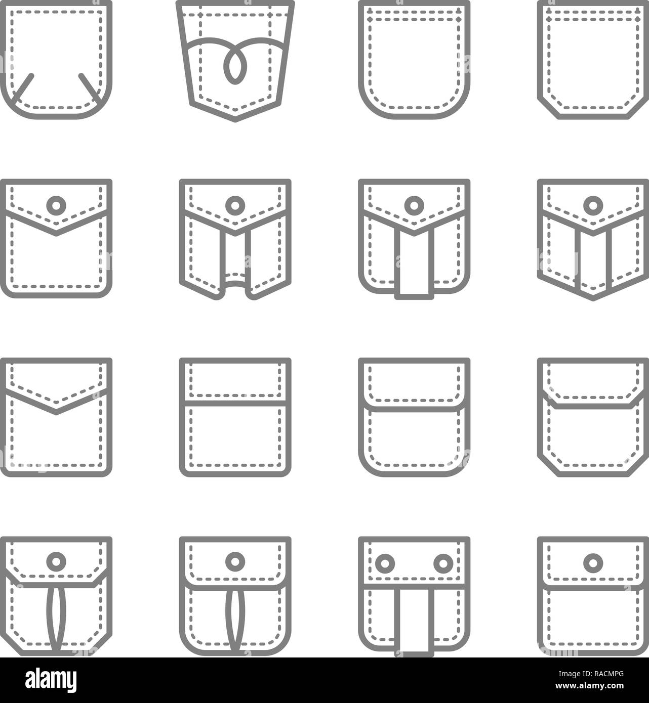 Patch tasca Stile linea vettore Icona Set. Contiene le icone come abito regolari, Classic Flap, Safari Pocket, tasca Cargo e di più. Corsa estesa Illustrazione Vettoriale