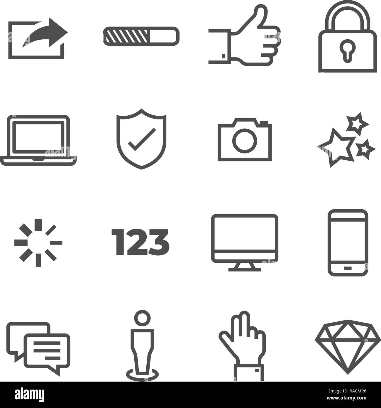 Vettore di pittogramma icon set. Incluse le icone come condivisione, carico, simili, pollice in alto, bloccare, desktop, laptop, proteggere, fotocamera, stella, la barra di avanzamento, numero, Illustrazione Vettoriale