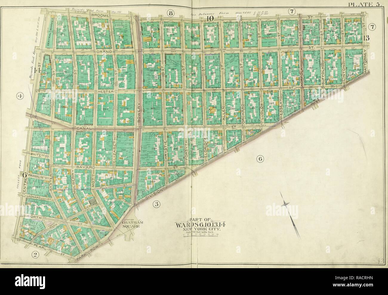 Manhattan, doppia piastra pagina n. 5 [mappa delimitata da Broome San, divisione San, Pearl St., Centro San. Reinventato Foto Stock