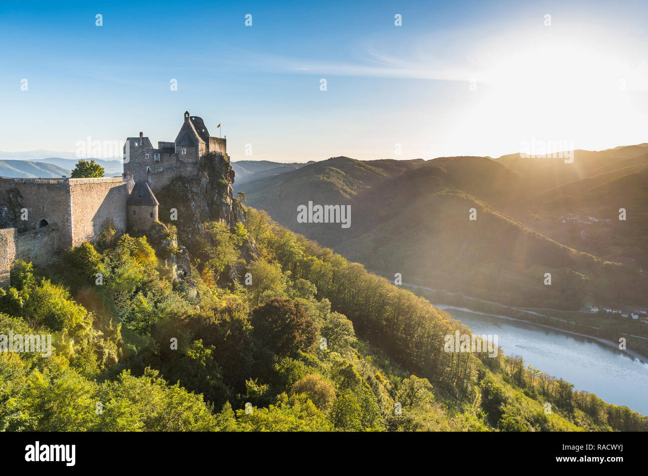 Aggstein castello affacciato sul fiume Danubio nella Wachau al tramonto, Austria, Europa Foto Stock