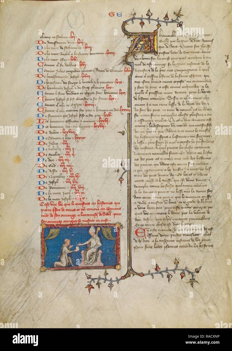 Pietro Comestor presentando una lettera all'Arcivescovo di Sens, Master di Jean de Mandeville (francese, attivo 1350 reinventato Foto Stock