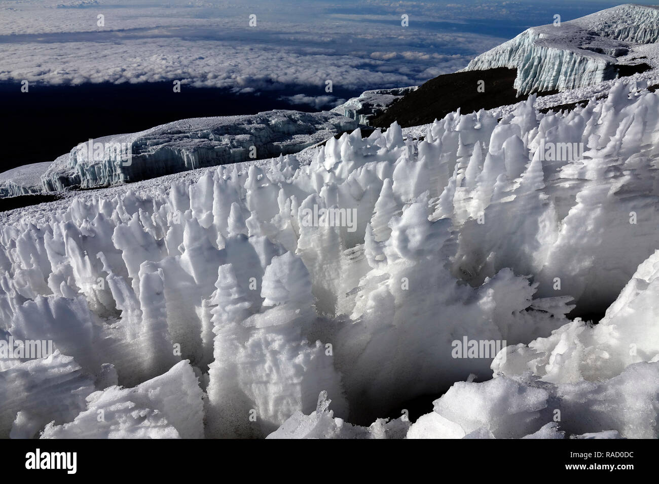 Formazioni di ghiaccio sul plateau sommitale del picco Uhuru, Africa del più alto punto di Kilimanjaro, Sito Patrimonio Mondiale dell'UNESCO, Tanzania, Africa orientale, Africa Foto Stock