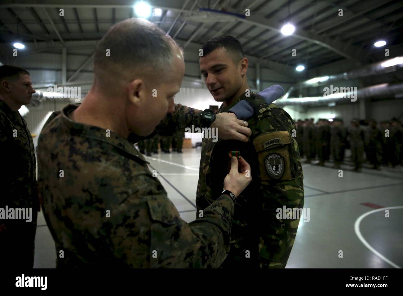 Lt. Col. Paul C. Teachey awards Romanian Capt. Laurentiu C. Anghel con il corpo Navy-Marine medaglia ottenuta durante il trasferimento di autorità cerimonia su Mihail Kogalniceanu Air Base, Romania, Gennaio 26, 2017. Mar Nero La forza di rotazione 16.2 è stato attenuato mediante BSRF 17.1 dopo i sei mesi di distribuzione che includevano operazioni con 14 nazioni partner in Europa. Teachey era il comandante di 16.2. Foto Stock
