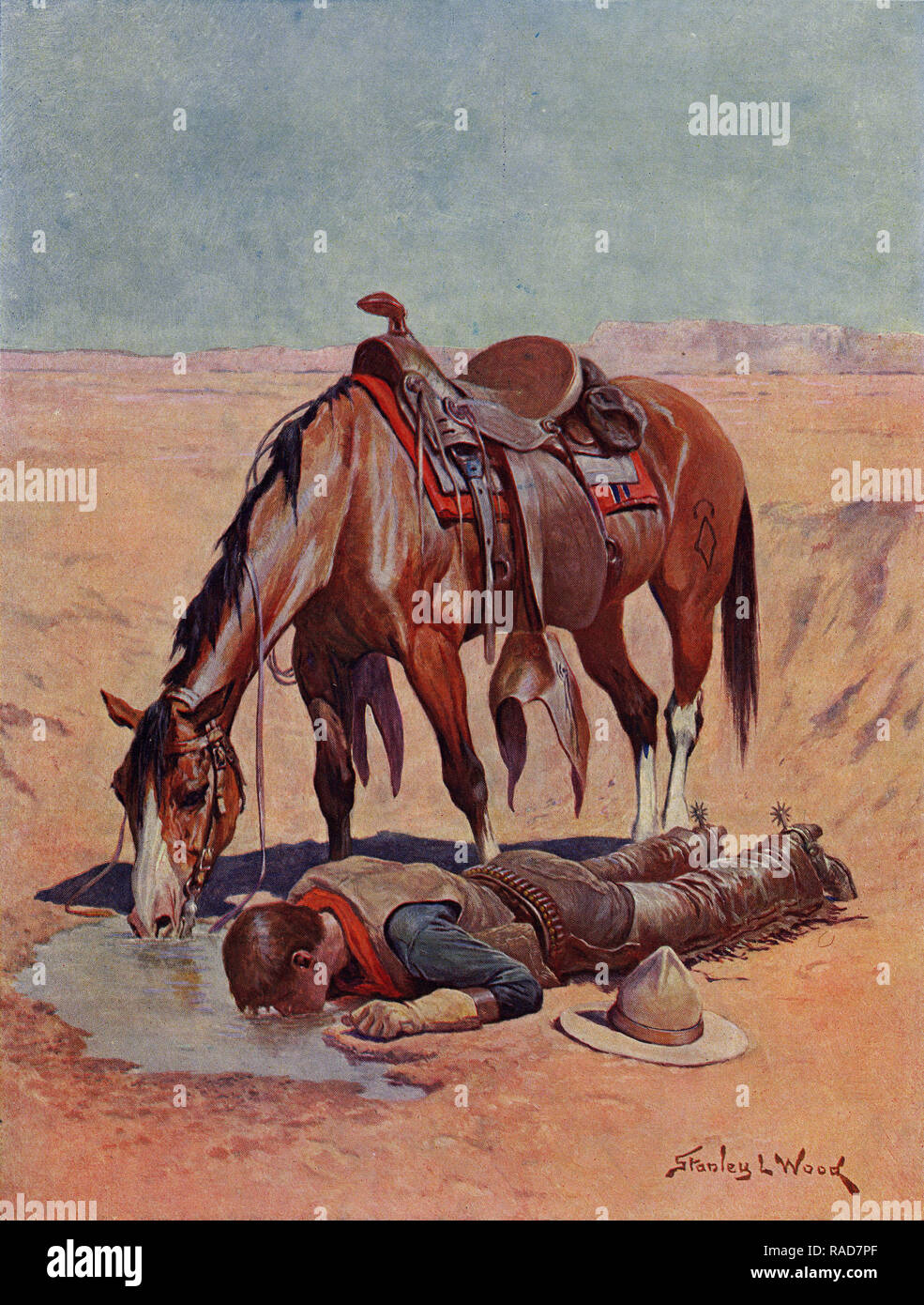 Metà-tono di pittura di un cowboy e il suo cavallo di bere da un piccolo fiume. Da un dipinto originale di ragazzi proprio 1925 Annuale di Stanley L. legno. Foto Stock